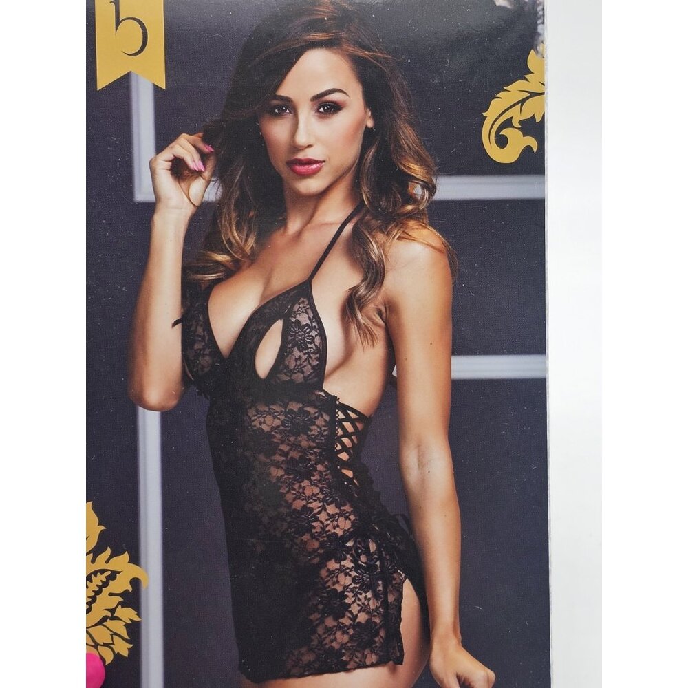 Baci Lingerie Women's One Size 2-14 Black Sheer Sexy Lace Up Babydoll Dress